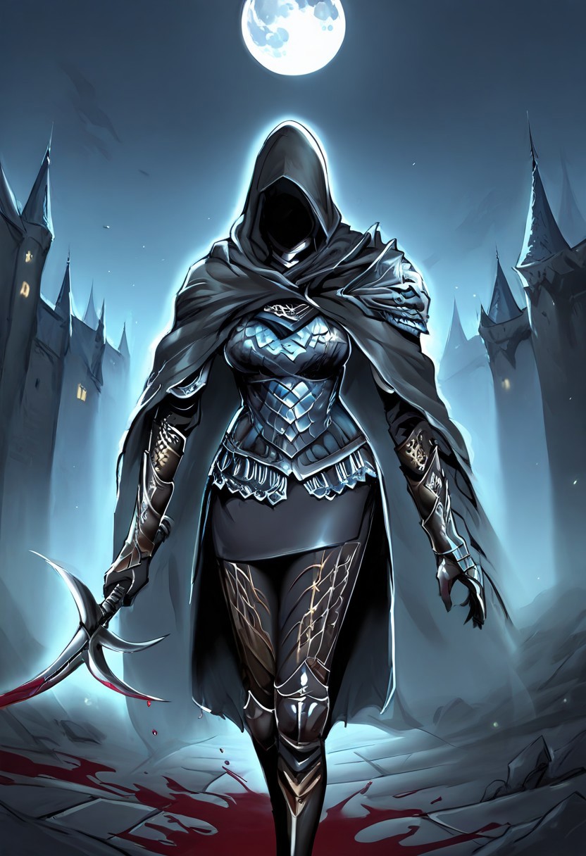 masterpiece, best quality,assassin, female, solo, faceless, cloak, armor, shoulder armor,miniskirt,pants,indoor, castle view, moon light,blood,holding weapon