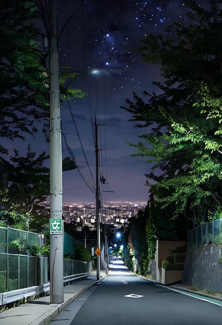 masterpiece, best quality, very aesthetic, absurdres,
haruhizaka, kitakoumae, scenery, night, lamppost, outdoors, tree, road, sky, night sky, city, power lines, building, cityscape, street, sign, dark, guard rail, road sign, real world location, starry sky,
<lora:kitakoumae_SDXL_V3:1>