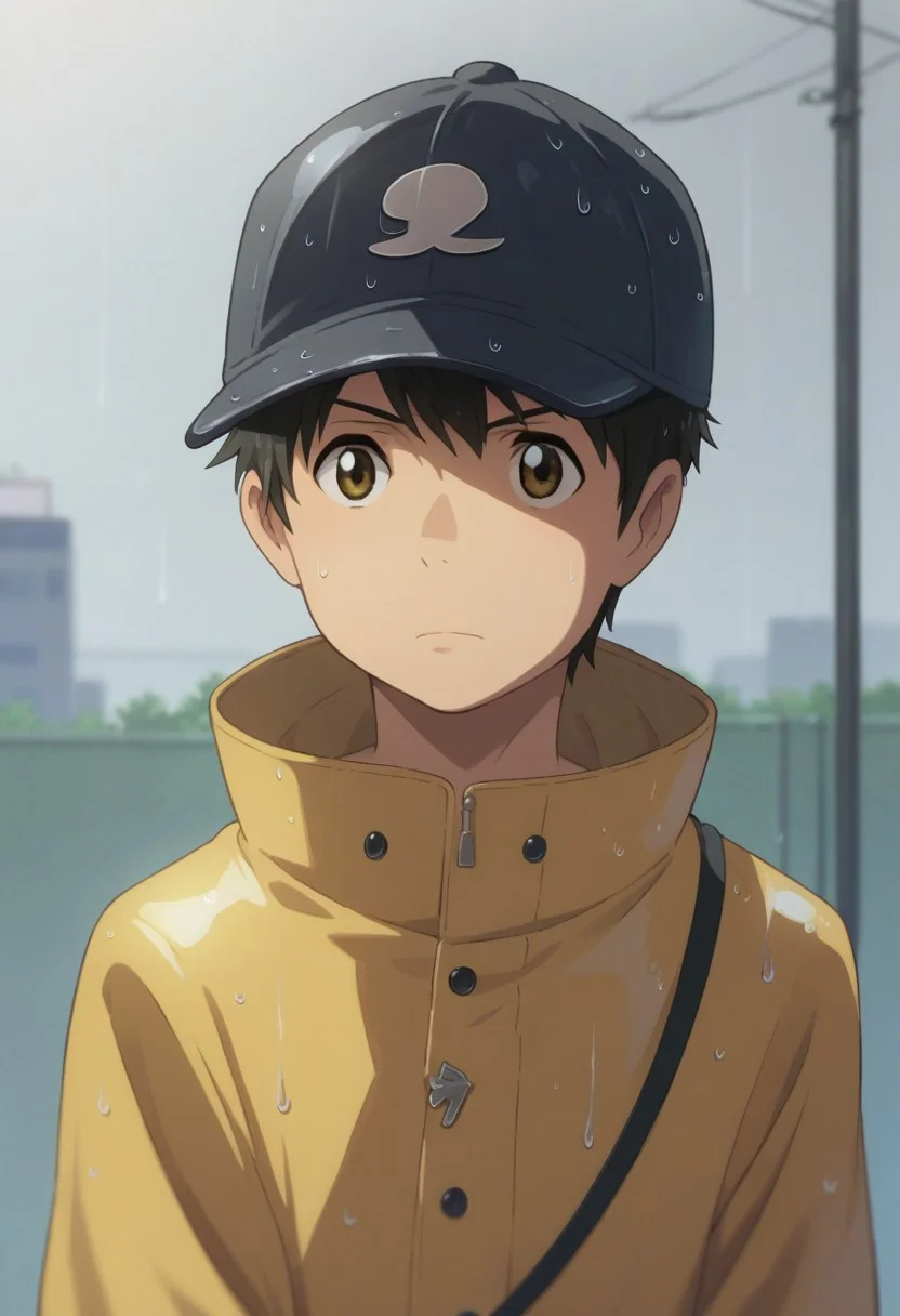 score_9, score_8_up, source_anime, highly detailed,
hodaka, 1boy, male focus, black hair, solo, brown eyes, hat, baseball cap, black raincoat, upper body,
outdoor, tokyo, rain,