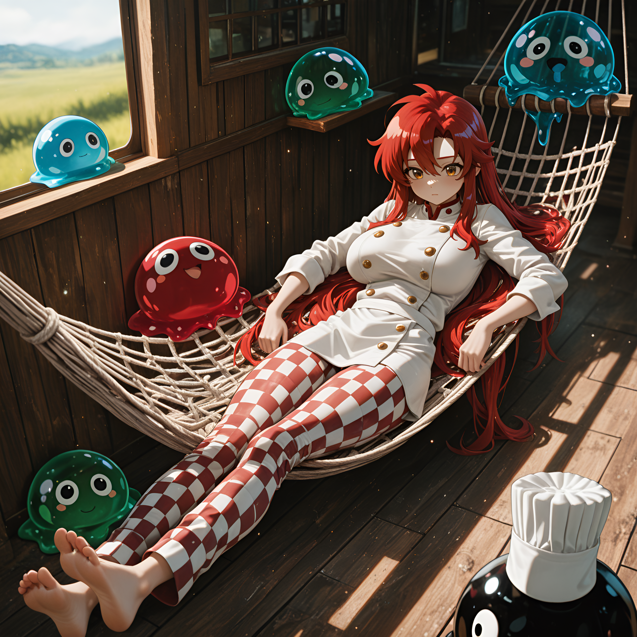 Electric Copper Theme, 1girl, motion_lines:1.1, vhs tape aesthetic, blurry background, absurdres, animal_ears, in_hammock, sagging breasts, chef_uniform, absolutely eye-catching, slime_(creature), lying, barefoot, chef_hat_(toque), masterpiece, Train driver's cabin, amazing quality, 8K, nail_polish, very aesthetic, best quality, anime character, straight hair, pale skin, depth of field, apron, ambient occlusion, newest, Icy tips hair, HDR, group, ultra-detailed, chef_jacket, shaded_face, Multi-panel layout, in the style of ck-gx, Imp, motion_blur:1.1, looking down the tracks, very long hair, low contrast, checkered_pants, Yoko Littner (Gurren Lagann)