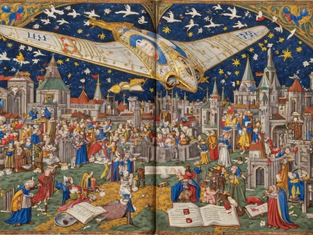 <lora:horten-229-flux:1.4>
A medieval manuscript illumination of the Horten Ho 229 soaring above a richly decorated cityscape, its form meticulously outlined in gold leaf and vibrant lapis lazuli. Knights in armor below point skyward, marveling at this divine "iron bird" as monks document the sight in illuminated script. The aircraft is stylized with intricate embellishments, almost resembling a celestial dragon. The background is filled with ornate floral patterns and Gothic architecture, in the delicate, detailed style of the Limbourg Brothers' illuminated manuscripts.