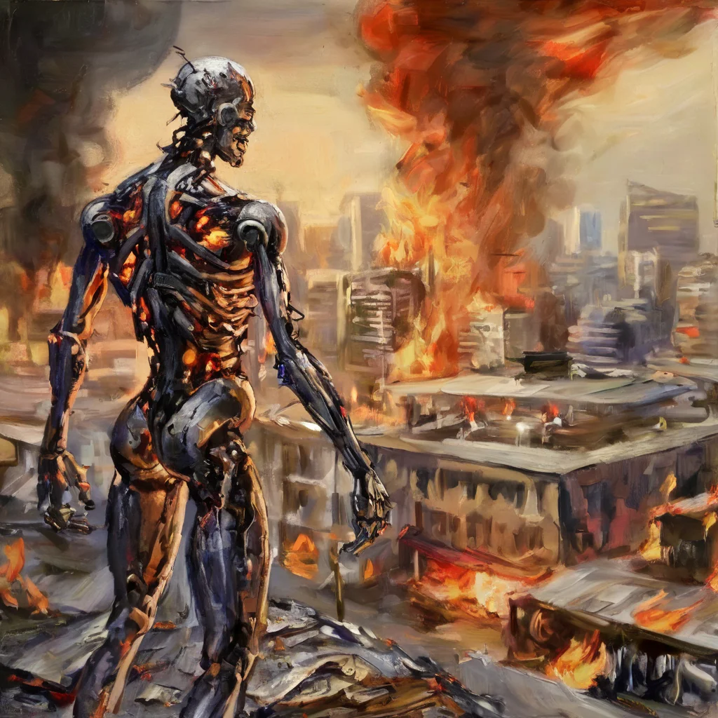 artmix01 old destroyed cyborg, burning city in the background, very detailed<lora:artmix01:1>