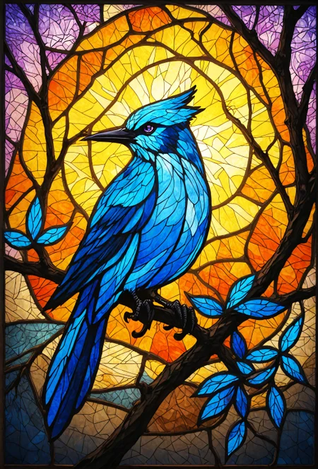 masterpiece, best quality,  amazing quality, very aesthetic, perfect eyes, masterpiece, artisanal handcrafted stained glass ornament, stylized crow perched on branch, moonlit nightsky, stained glass aesthetic, moody whimsical color palette, murano glass, bold soldering lines, volumetric light shining through, crepuscular rays, intricate craftsmanship, detailed texture, luminous transparency, reflective light play, vivid hues, atmospheric depth, enchanting silhouette, art nouveau flair, art deco elementsA beautiful stained glass suncatcher featuring a vibrant blue bird perched on a branch against a warm orange and yellow sunset backdrop with intricate details in shades of blue, purple, and black, creating movement in the scene, and adding to a serene atmosphere
