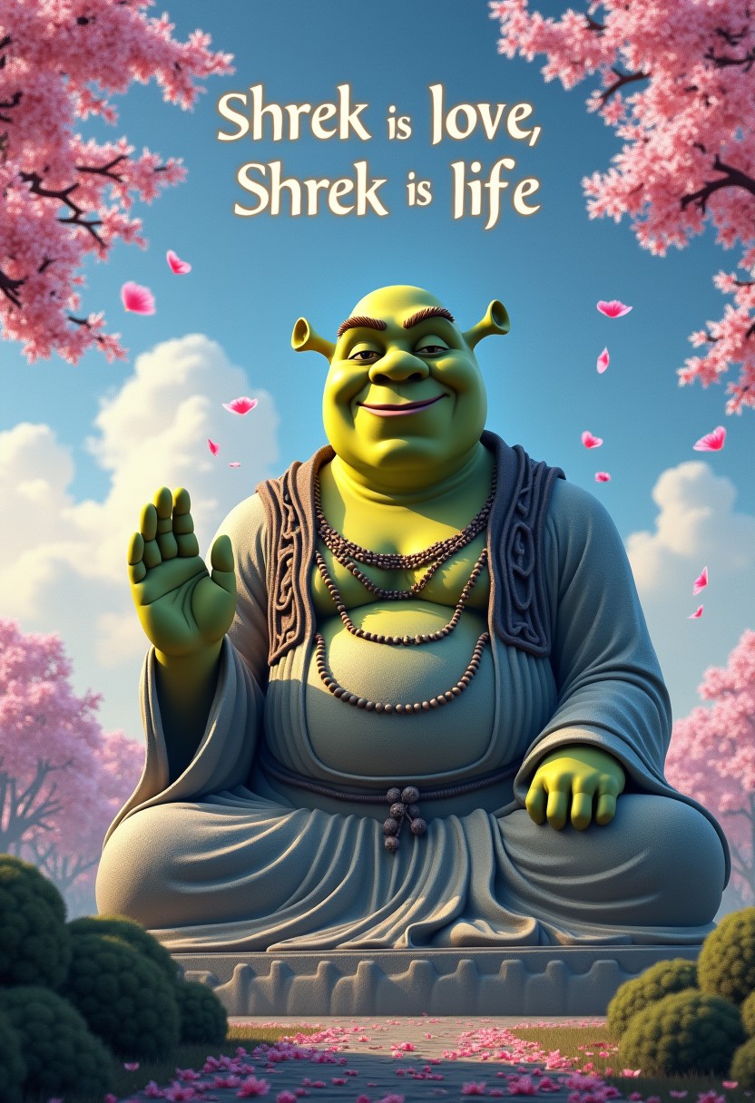 Prompt: "A serene and magical scene featuring a gigantic stone statue of Buddha, but with Shrek's face. The statue is in a meditative pose with one hand raised and Buddhist Mala beads around its neck. The statue should resemble the Kamakura Buddha, smiling peacefully. Surrounding the statue are glowing Kanji characters, adding a mystical touch. Cherry blossom petals are blowing in the wind, filling the air. At the top of the image, the text 'Shrek is love, Shrek is life' is clearly written in clouds. The skyline is beautiful, with high detail and an overall serene, masterpiece quality."