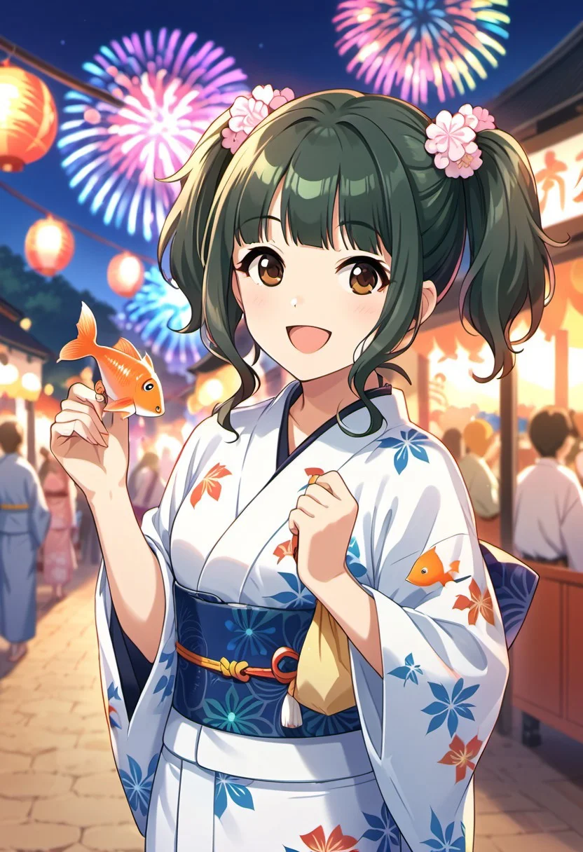 score_9, score_8_up, score_7_up, source_anime,fujii tomo, brown eyes, dark green hair, japanese clothes, kimono, festival, twintails, fish, goldfish, smile, bagged fish, fireworks, open mouth, solo focus, 1girl