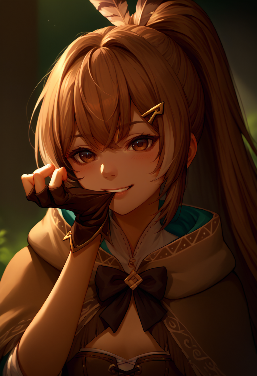score_9, score_8_up, score_7_up, source_anime, 1girl, glove biting, mouth hold, <lora:AdjustingGlovesWithLips_XLPD:1>, upper body, <lora:mumeiXL:0.9>, mumei_base, ponytail, very long hair, feather hair ornament, hairclip, brown corset, brown cloak, partially fingerless gloves, looking at viewer, seductive smile,