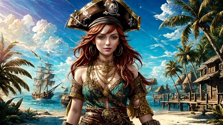 (young redhead pirate woman), (portrait), (parrot:1.2), sharp focus, (ultradetailed), (standing), (happy) smile, pirate (ship galleon:1.2, hoop earrings, gold medallion, Legendary Graypirate clothes, pirate hat, hips, pirate (village), leafy beach coast, (treasure chest with coins, gems and jewels:1.2), (rum barrel), best quality masterpiece, bright sunny sky, backlight, natural lights, high contrast, hdr, shadows, pretty, beautiful, feminine, sexy, adorable, lovely, in love, (PirateDiffusionprt:0.5), <lora:Pirate:0.3> PrateT <lora:PirateRealms:0.3> <lora:Detail Tweaker LoRA add_detail:0.8> <lora:depth_of_field_slider_v1:5> <lora:SDXLrender_v2.0:0.9>
