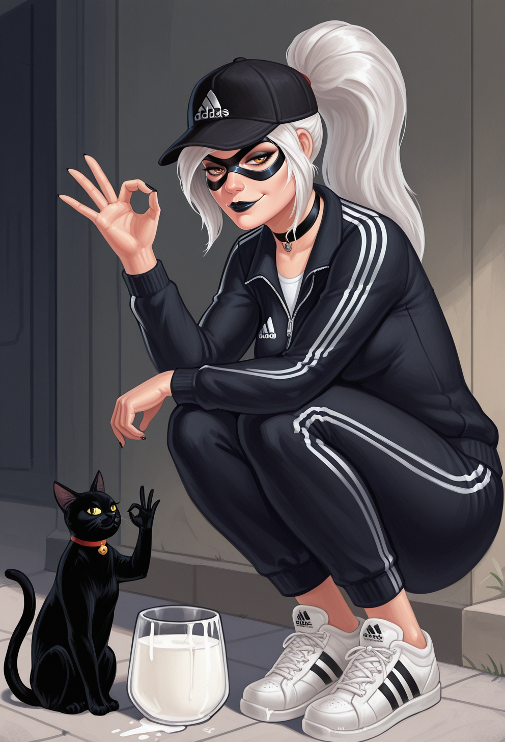 masterpiece, high quality, amazing detail,
1girl, solo, ss-bcdef-illu, black lipstick, white hair, long hair, high ponytail, domino mask, choker,
squatting, black track suit, white stripes, black baseball cap, adidas, white sneakers, ok sign, smirk, looking at viewer,
milk bowl, animal, black cat,
full body, alleyway,
<lora:Mavezar_-_ILLU_by_SulfurSniffer:1> ss-mav3zar-illu,  <lora:Black_Cat_skins_-_SMWoS_-_ILLU_by_SulfurSniffer:0.7>