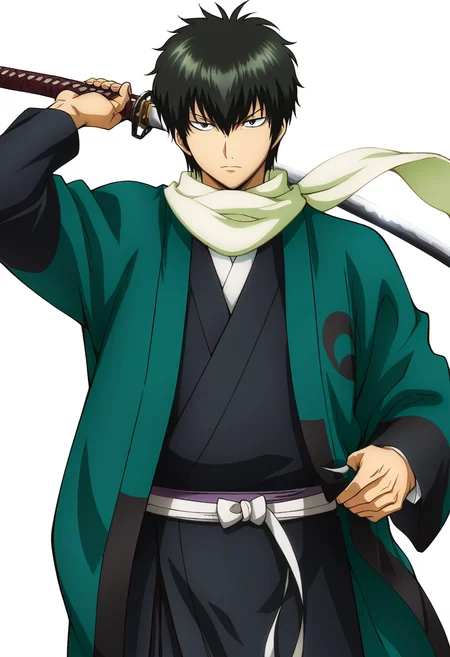 masterpiece, best quality, absurdres, detailed skin, detailed eyes, detailed face, anime colored, anime screencap, anime colored,
<lora:Hijikata_Toshiro:0.8>, hijikata, 1 boy,
looking at viewer, cowboy shot,
<lora:samurai_armor_pony:1>, samurai, haori, scarf, katana,
((white background)),