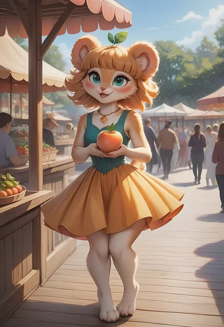 score_9, score_8, score_7, In the heart of the bustling market, nestled between towering stacks of vibrant fruits, the furry girl, her tail swishing, leans against a weathered produce stand, the wooden slats creaking slightly beneath her weight, Her skirt, a swirl of iridescent silk, is hiked up to her thighs, revealing her inner sanctum where her fingers dance, their touch as soft as feathers, while she presses a grapefruit against her center, the juice dripping like golden nectar onto the dusty ground, The peach-scented breeze lifts her bobbed hair, exposing her glowing third eye, which seems to burn with an otherworldly fire, casting dancing shadows on her chestnut fur, Behind her, a luminescent aura pulsates, hinting at the transcendent beings that tease and caress her from the realm of the ethereal, their forms shifting and morphing like liquid silver, The market hums with unseen energy, drawing curious gazes from the nearby shoppers, yet none dare intrude upon this sacred spectacle, leaving the furry girl to writhe in ecstasy, a living sculpture of pure, unadulterated pleasure,