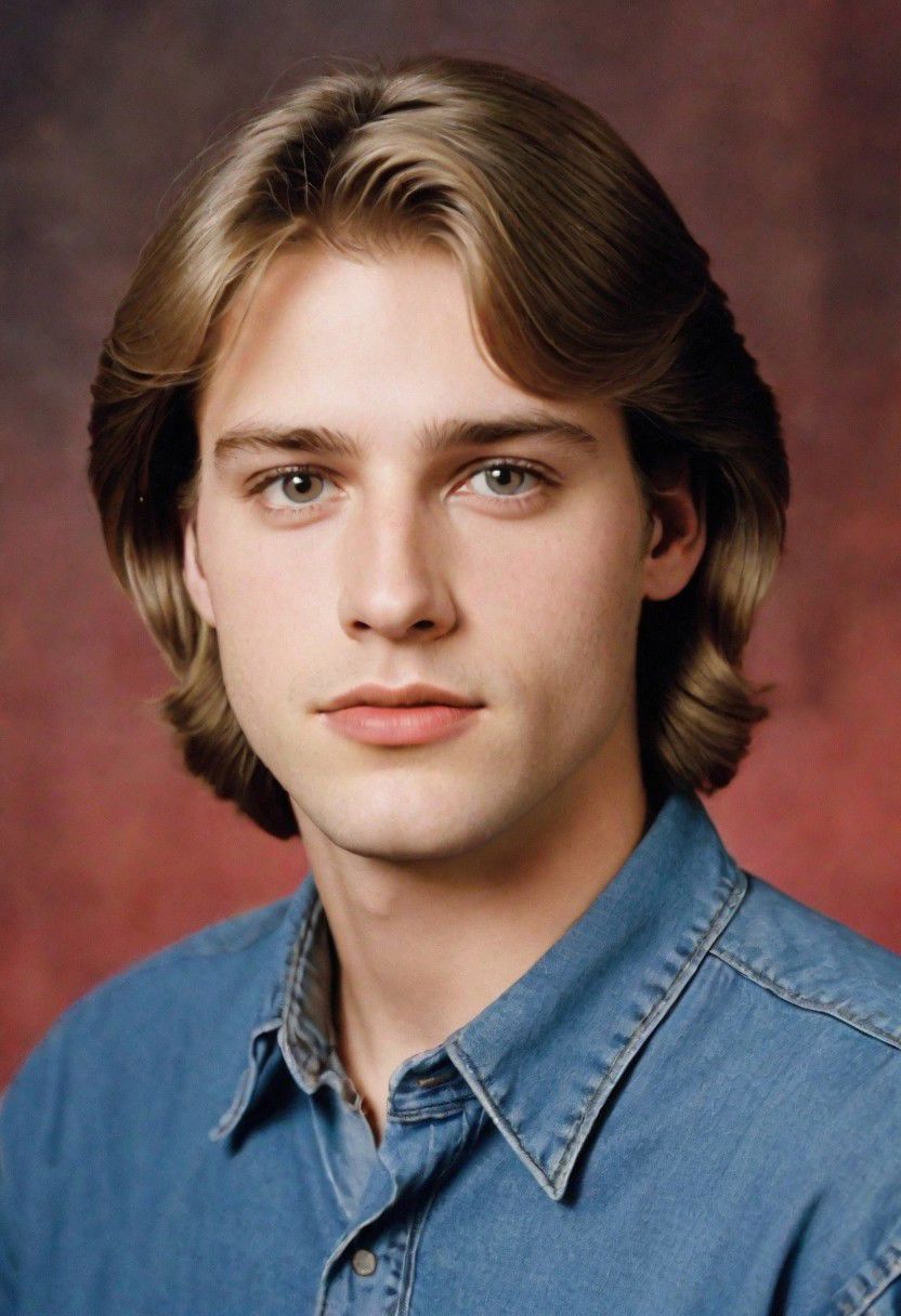 Analogic Portrait Photo a portrait, 90s, 1990s, 80s, and hyperdetailed photography, a man 21-25 years old, dark blonde hair, suspiria, yearbook background,squat pose,yearbook shot