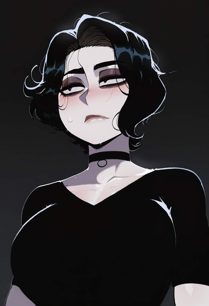 krekkov, nyantcha, masterpiece, best quality, high quality, absurdres, 1girl, solo, doomer girl, (pale skin), black hair, black shirt, half-length portrait,