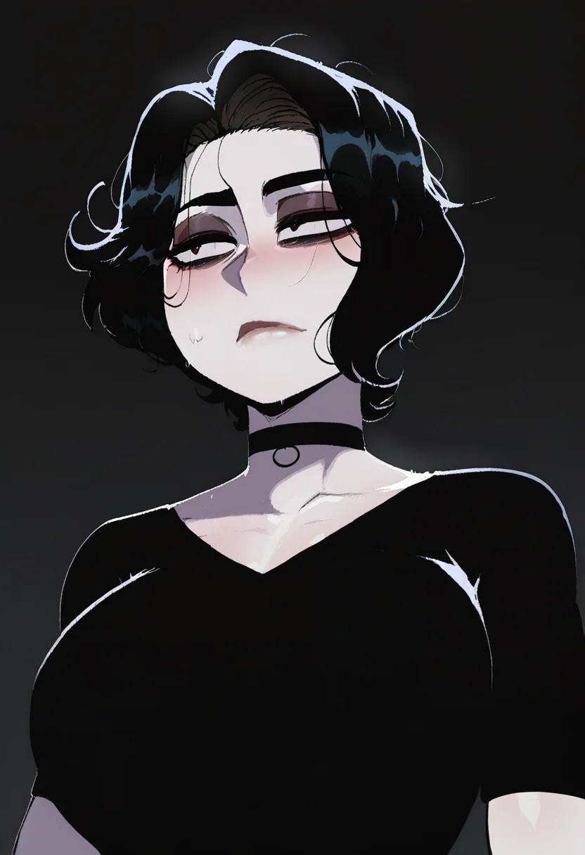 krekkov, nyantcha, masterpiece, best quality, high quality, absurdres, 1girl, solo, doomer girl, (pale skin), black hair, black shirt, half-length portrait,