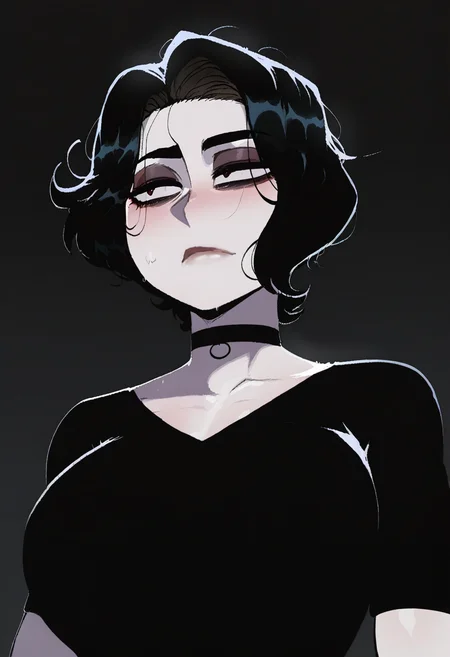 krekkov, nyantcha, masterpiece, best quality, high quality, absurdres, 1girl, solo, doomer girl, (pale skin), black hair, black shirt, half-length portrait,
