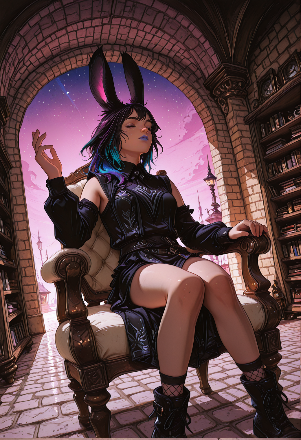very awa, lineart, flat_colors, anime_coloring, [sei shoujo], [yoshiten], style parody, [bang dream!], [arcane: league of legends], [league of legends], (dynamic angle:1.3), (cowboy shot:1.2) BREAK 1girl, solo, <lora:Final_Fantasy_XIV_Races_Female_Viera_for_IllustriousXL:0.5> rabbit_girl, viera, <lora:anti_human_ears:0.7> rainbow hair, mullet hair , rabbit ears, blue eyes, (alabaster skin:1.2), toned body, short stack, , perfect hands, colored lips, (sympathetic), whimper,closed eyes BREAK bard, wearing long sleeved fishnet black cotton side cape, sleeveless damask studded (detailed white and purple_blue brigandine tabard), peter pan collar, Jacobean black cotton bellbottoms, ankle boots, BREAK medieval, fantasy, indoors, suburban house, (beige brick walls), cobblestone floors, library, shelves, sitting, knees together feet apart , arm raised, on chair, arm chair, cool light, dynamic lighting dawn, warm soft light, long shadows, pink sky, gradient sky, star_(sky), BREAK <lora:Expression_Detailer_Illustrious_Lora:0.7> <lora:DetailerILv2-000008:0.6> Jeddtl02, <lora:Lucid_Tides_Illustrious_v1:0.7> Lucid Tides, vibrant colors, <lora:Rabbithole_Illu_Edition:0.8> RBL-Illu