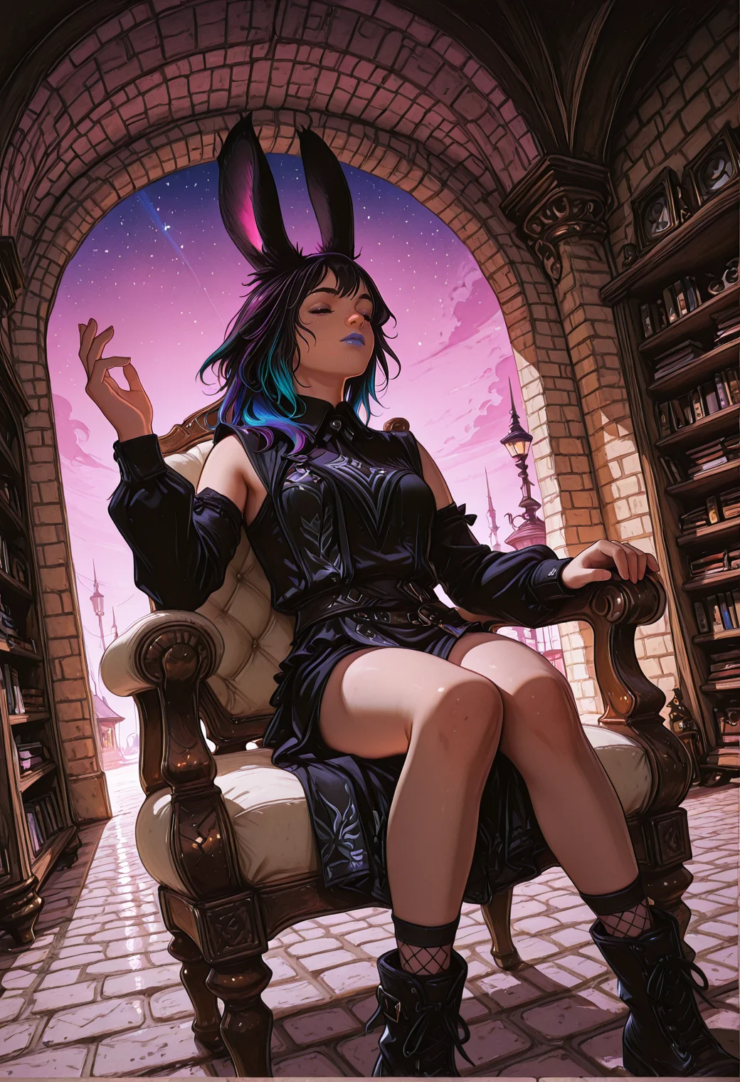 very awa, lineart, flat_colors, anime_coloring, [sei shoujo], [yoshiten], style parody, [bang dream!], [arcane: league of legends], [league of legends], (dynamic angle:1.3), (cowboy shot:1.2) BREAK 1girl, solo, <lora:Final_Fantasy_XIV_Races_Female_Viera_for_IllustriousXL:0.5> rabbit_girl, viera, <lora:anti_human_ears:0.7> rainbow hair, mullet hair , rabbit ears, blue eyes, (alabaster skin:1.2), toned body, short stack, , perfect hands, colored lips, (sympathetic), whimper,closed eyes BREAK bard, wearing long sleeved fishnet black cotton side cape, sleeveless damask studded (detailed white and purple_blue brigandine tabard), peter pan collar, Jacobean black cotton bellbottoms, ankle boots, BREAK medieval, fantasy, indoors, suburban house, (beige brick walls), cobblestone floors, library, shelves, sitting, knees together feet apart , arm raised, on chair, arm chair, cool light, dynamic lighting dawn, warm soft light, long shadows, pink sky, gradient sky, star_(sky), BREAK <lora:Expression_Detailer_Illustrious_Lora:0.7> <lora:DetailerILv2-000008:0.6> Jeddtl02, <lora:Lucid_Tides_Illustrious_v1:0.7> Lucid Tides, vibrant colors, <lora:Rabbithole_Illu_Edition:0.8> RBL-Illu