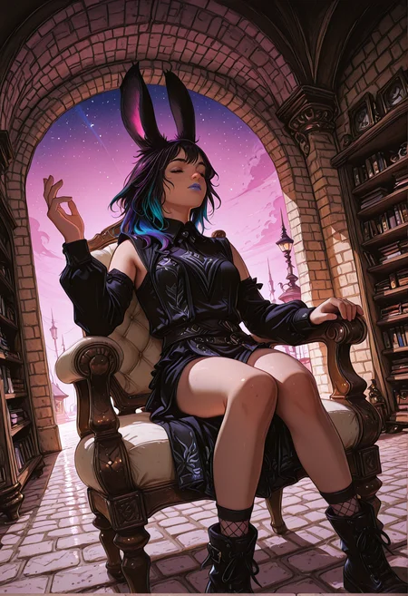 very awa, lineart, flat_colors, anime_coloring, [sei shoujo], [yoshiten], style parody, [bang dream!], [arcane: league of legends], [league of legends], (dynamic angle:1.3), (cowboy shot:1.2) BREAK 1girl, solo, <lora:Final_Fantasy_XIV_Races_Female_Viera_for_IllustriousXL:0.5> rabbit_girl, viera, <lora:anti_human_ears:0.7> rainbow hair, mullet hair , rabbit ears, blue eyes, (alabaster skin:1.2), toned body, short stack, , perfect hands, colored lips, (sympathetic), whimper,closed eyes BREAK bard, wearing long sleeved fishnet black cotton side cape, sleeveless damask studded (detailed white and purple_blue brigandine tabard), peter pan collar, Jacobean black cotton bellbottoms, ankle boots, BREAK medieval, fantasy, indoors, suburban house, (beige brick walls), cobblestone floors, library, shelves, sitting, knees together feet apart , arm raised, on chair, arm chair, cool light, dynamic lighting dawn, warm soft light, long shadows, pink sky, gradient sky, star_(sky), BREAK <lora:Expression_Detailer_Illustrious_Lora:0.7> <lora:DetailerILv2-000008:0.6> Jeddtl02, <lora:Lucid_Tides_Illustrious_v1:0.7> Lucid Tides, vibrant colors, <lora:Rabbithole_Illu_Edition:0.8> RBL-Illu
