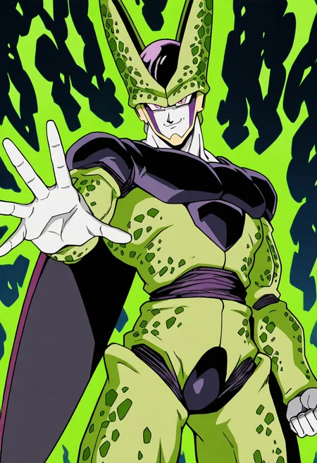 masterpiece, best quality, 1boy, solo, looking at viewer, zzCell, pink eyes, colored skin, green skin, <lora:CellPerfectDB_IXL:0.8>, outstretched hand, aura, smug,