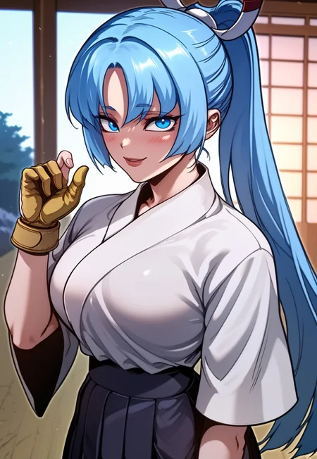 score_9, score_8_up, score_7_up, source_anime, Saki Ryozo, blue hair, ponytail, blue eyes, long hair, breasts, sidelocks, curtained hair, japanese clothes, hakama, hakama skirt, white shirt, looking at viewer, smile, patred lips, blushed, single glove, partially fingerless glove, yellow glove,
