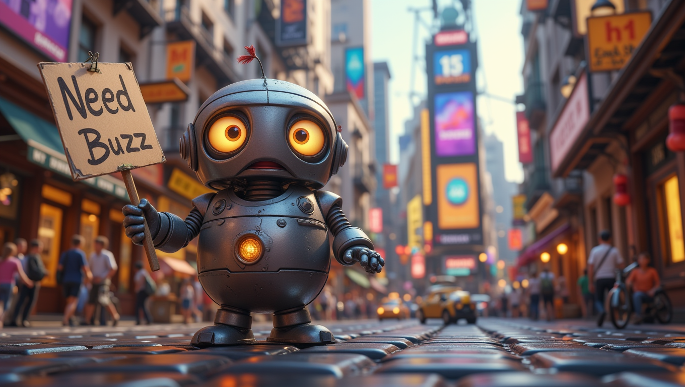 A small, round robot with big, expressive eyes is standing in the middle of a busy, futuristic city. The robotâs metal body is slightly dented, and its antenna is drooping in a way that makes it look sad. It's holding up a handmade sign that reads "Need Buzz" in shaky, childlike handwriting. The robotâs eyes are glowing softly, full of hope and desperation, as it looks up at the towering skyscrapers around it. The scene is both heartwarming and slightly melancholic, capturing the robot's longing for energy and connection in a world thatâs moving too fast for it   <lora:Cute_3d_Cartoon_Flux:0.6>