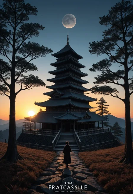 anime art, a breathtaking ultra-HD anime-style illustration of a electro_style, cowboy, masterpiece, best quality, newest, absurdres, highres, by an ancient japanese edo castle made out of fractangles, sunset, ink artwork, sharp color, fractangle sakura trees in the background, moon in background. The atmosphere is tranquil yet powerful, evoking a sense of nostalgia and wonder. Highly detailed character, precise silhouette, cinematic lighting, ultra-realistic textures, dreamy and immersive composition, masterpiece. sharp, ultra hd, 8k, 4k, artstation, (Fractangles), movie poster