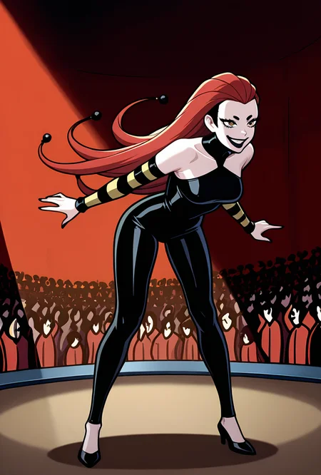 <lora:frightwig:1> frightwig, 1girl, long hair, red hair, bare shoulders, black lips, striped sleeves, detached sleeves, black bodysuit, facing forward, evil grin, teeth, circus background, crowd, spotlight, full body, masterpiece, best quality, amazing quality, very aesthetic, absurdres, newest,