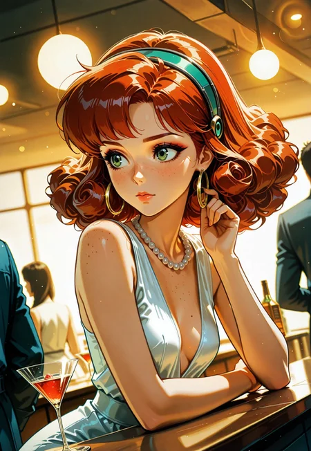 safe_pos, 1girl, curly ginger hair, green eyes, make up, mascara, mole, eyelashes, freckles, hoop earrings, adjusting earrings, pearl necklace, looking aside, white evening dress, upper body, small breasts, counter, martini \(drink\), solo focus, focused subject, dynamic angle, dappled light, depth of field, blurry background, bokeh, masterpiece, best quality, good quality, very awa, very aesthetic, absurdres, newest, 8k, sci-fi, illustration, retro,