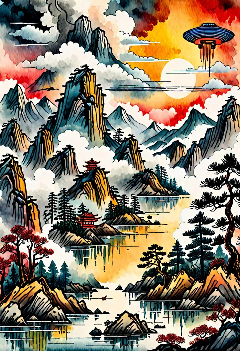 score_9, score_8_up, score_8_up, ((Cinematic composition)),((masterpiece)), (resplendent lighting), absurdres, very fine detail, 8k. Deep rich colours. Chinese watercolours and ink. 
a traditional Chinese landscape with mountains, a lake, stormy skies, pine trees and alien spaceships landing, invasion forces, sunset through the clouds, modern art. 
<lora:sdxl_lightning_8step_lora.safetensors:1.0>, <lora:add detail xl.safetensors:1.5>