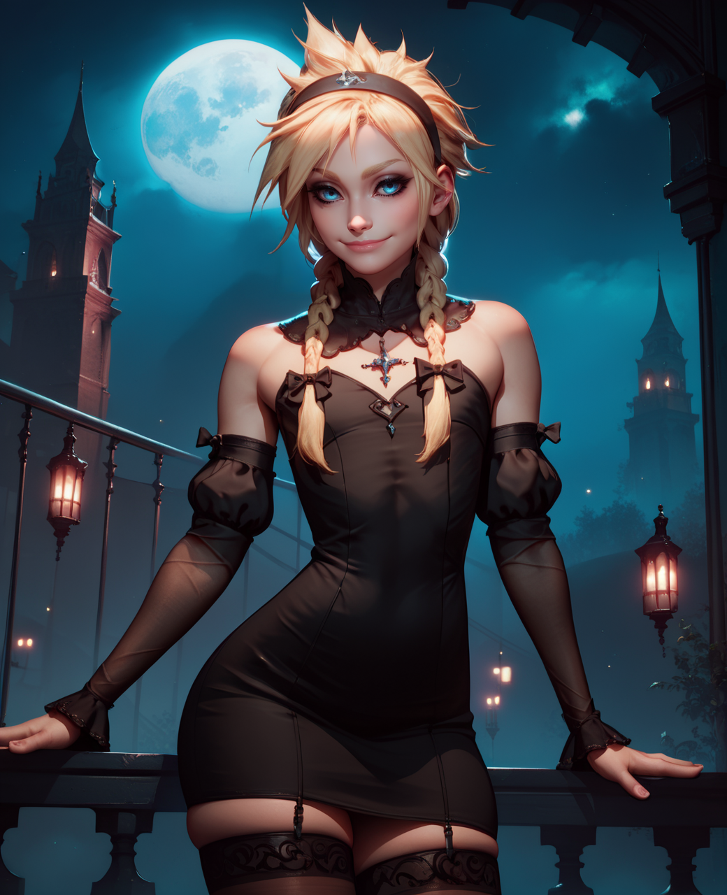 score_9,score_8_up,score_7_up,
cloudxl,long blonde hair,blue eyes,solo,hair band,
eyeliner,lip gloss,smile,thighhighs, skindentation, 
black dress,detached sleeves,twin braids,pose,
hips,
standing,
night,industrial,otoko no ko,flat chest,
<lora:CloudXL:0.9>,