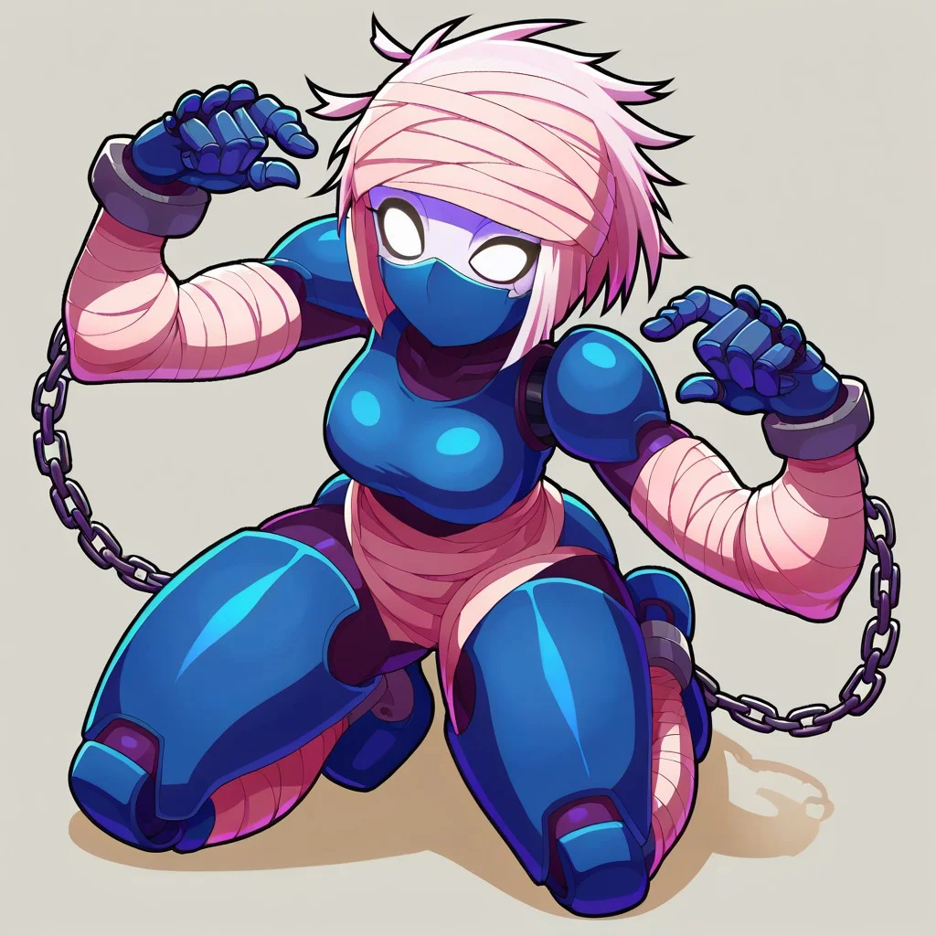 score_9, score_8_up, WakfuMMOArt, full body, cartoony, 2d, highres, 1girl, solo, bandages, bandage hair, messy hair, rags, chain, striped, colored skin, striped sleeves, simple background, mummy wraps, fully wrapped body, robot, cyborg, pale dark blue armor, big chain, military salute, no pupils, wide-eyed, Xelor, wraps, white hair, humanoid robot, white eyes, glowing eyes, black eye outlines, full face mask, dark blue metal mask:2, robotic movement, curvy body, time wizard, clock hands pose:2, hourglass,