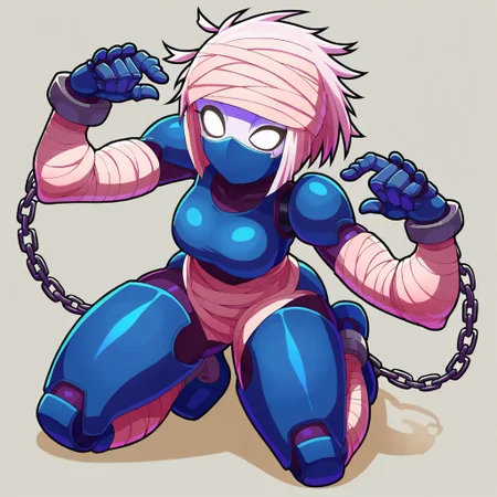 score_9, score_8_up, WakfuMMOArt, full body, cartoony, 2d, highres, 1girl, solo, bandages, bandage hair, messy hair, rags, chain, striped, colored skin, striped sleeves, simple background, mummy wraps, fully wrapped body, robot, cyborg, pale dark blue armor, big chain, military salute, no pupils, wide-eyed, Xelor, wraps, white hair, humanoid robot, white eyes, glowing eyes, black eye outlines, full face mask, dark blue metal mask:2, robotic movement, curvy body, time wizard, clock hands pose:2, hourglass,