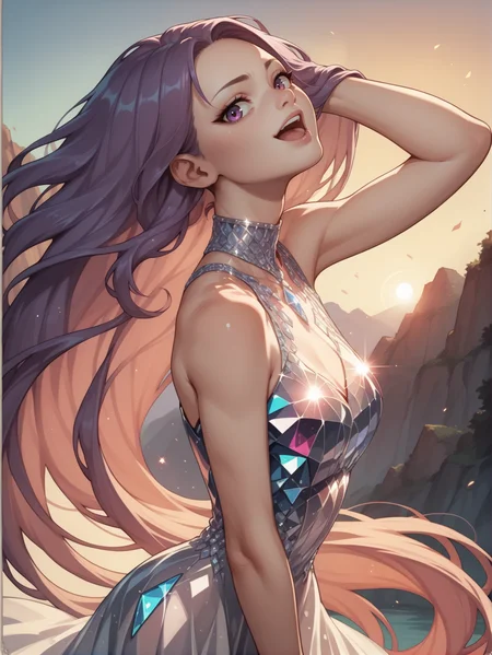 score_9, score_8_up, score_7_up, score_6_up, score_5_up, score_4_up, intricate, highly detailed,
1girl wearing a white crystalline dress, <lora:crystalline_dress-PD-1.0:1>,
absurdly long hair, purple hair, purple eyes, floating hair, (head back), yandere, arm up, sunrise, rocky cliff, glint, backlighting, see-through, cowboy shot, looking at viewer, from side, open mouth, smug