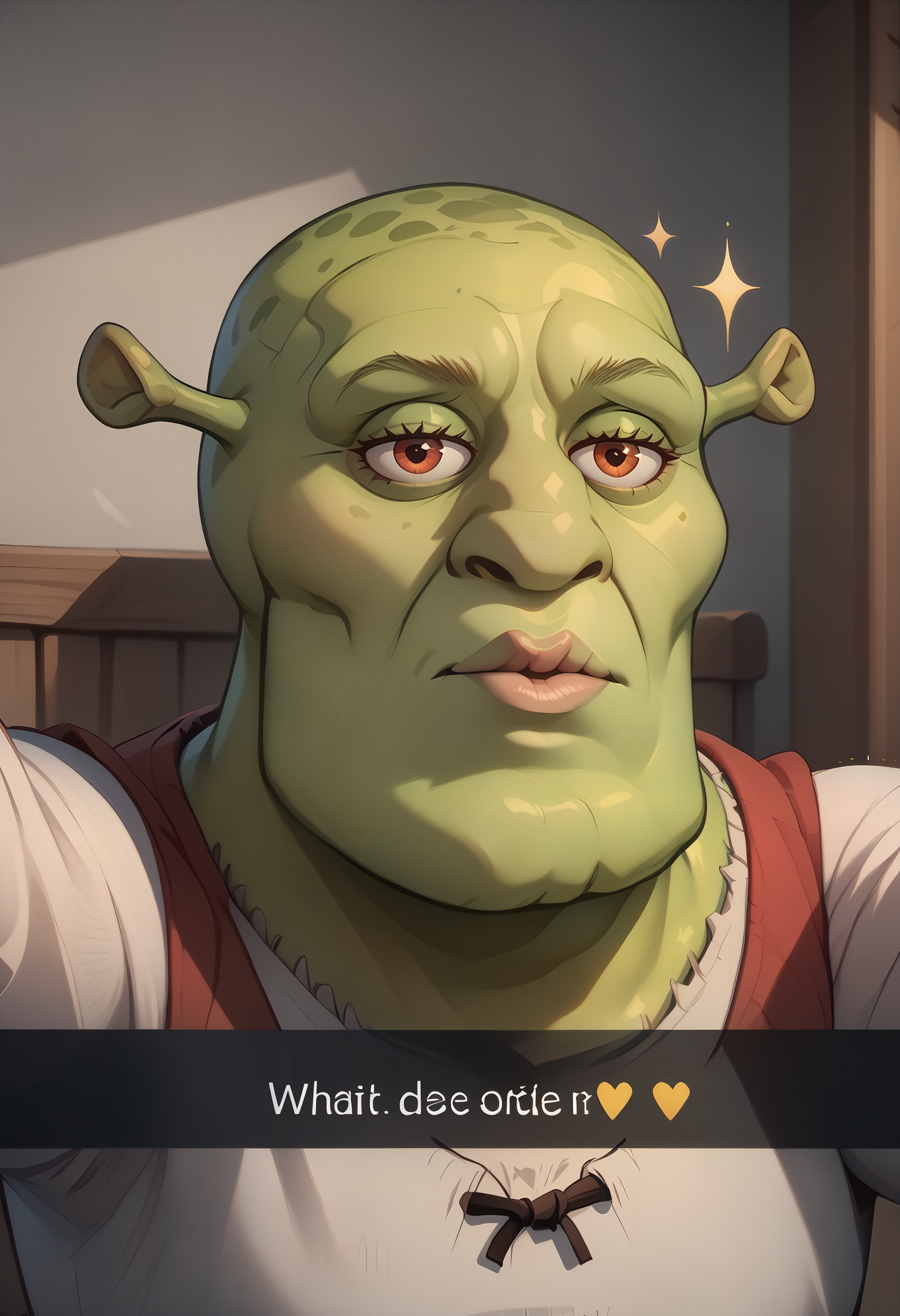 score_9, score_8_up, score_7_up, score_6_up BREAK shrek, green skin,handsomize,snapchat, selfie, meme,sparkle,looking at viewer <lora:snapchat-guy-PONYv1:0.8>  <lora:handsomize_x_pdxl_v1:1>  <lora:Shrek_XLPD:0.8>