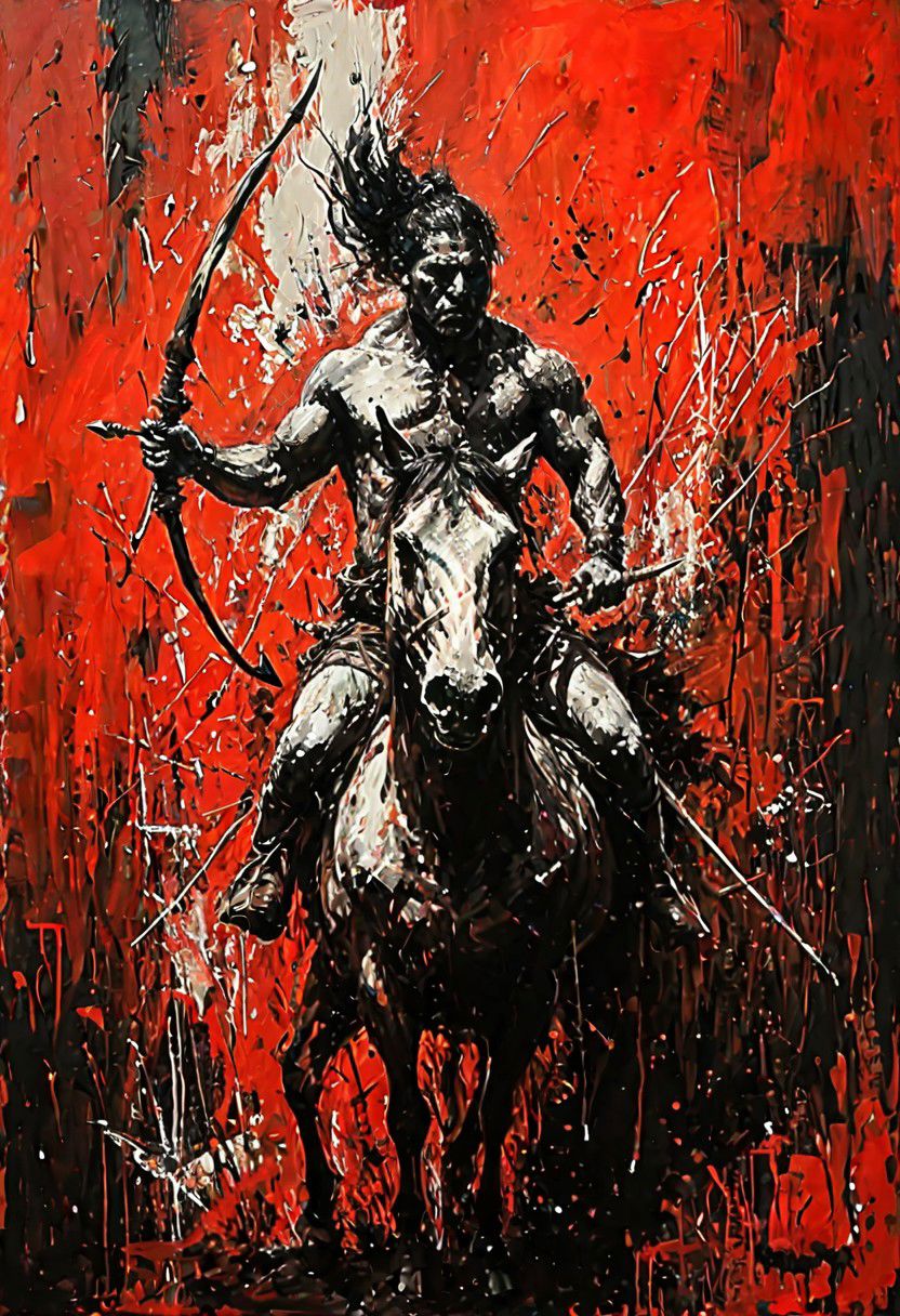 (Impressionism: 1.5), (abstract acrylic painting), red and black and white shades, (large strokes: 1.3), painting on canvas, filled with movement, (action packed), (barbarian nomad) riding a horse, (arriving: 1.5), holding a bow in the hand, (looking forward), (from above: 1.3), dinamic position, (much splashes of blood and dirt: 1.3) from under the hooves, realism, modern art, abstraction, absurdity, acrylic painting on canvas, (silhouette in strokes: 1.6)