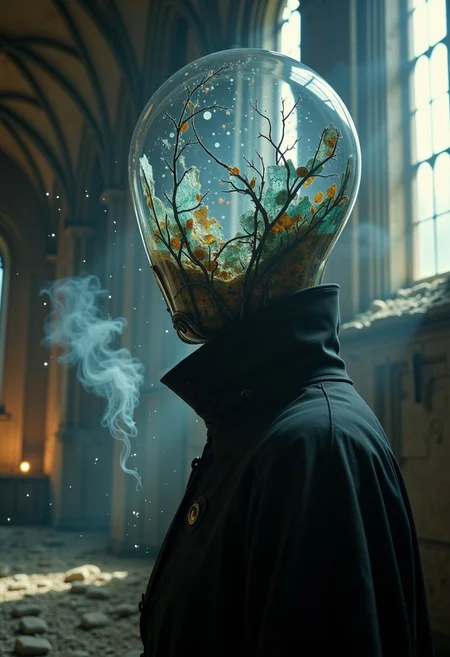 Photo in the style of ck-ncr, a cinematic close-up of a faceless goddess in a crumbling, gothic cathedral suspended in twilight. Her high-collared cloak is draped with ethereal, smoke-like tendrils that seem to defy gravity, fading into the dim light. The translucent shell of her head houses a network of delicate stained glass fragments, refracting hauntingly beautiful patterns of light and shadow onto the ancient stone walls. A faint choir of disembodied voices seems to emanate from her core, adding an auditory layer to the solemn, spiritual ambiance. Dust particles float in the shafts of light piercing through the shattered windows, framing her as a forgotten deity of endless knowledge and sorrow.