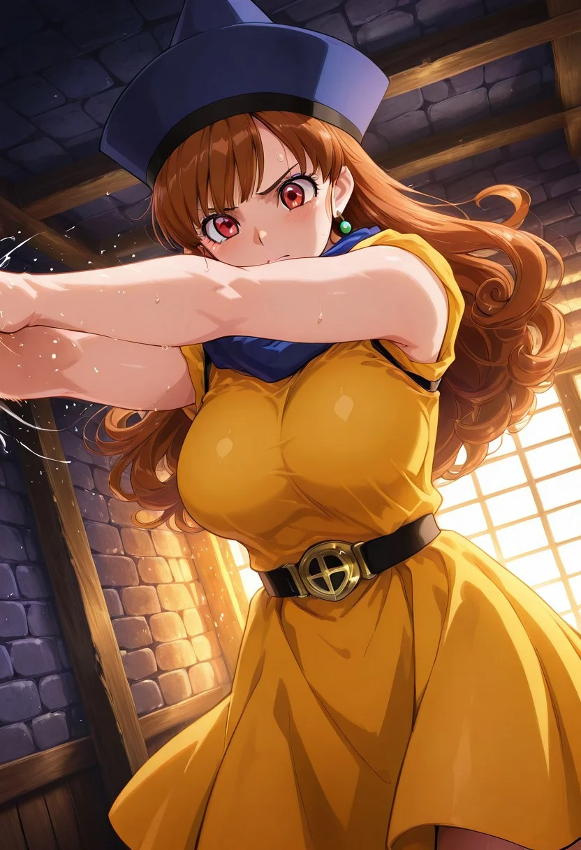 Best quality,masterpiece,soft light,official art,high quality,highres,absurdres,epic scene,natural textures,easynegative,Erotic_style,
1gorl,solo,cinematic angle, dynamic angle,
indoors,dungeon,punch, 
Tsarevna Alena,brown hair,long hair,wavy hair,large breasts,red eyes,yellow dress,hat