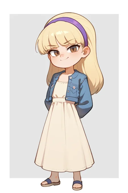 score_9,score_8_up,score_7_up,score_6_up,score_5_up,score_4_up,
1girl, solo, child, petite, small, very young, pacifica, brown eyes, blonde hair, purple headband, flat chest, dress, denim jacket, looking at viewer, smirk. hands behind back,
<lora:pacifica:1>