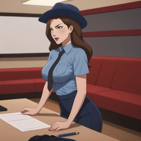 <lora:taliaalghuldcmau_pony_v1:0.75>  TaliaAlGhulClothesDCMAU, 1girl, solo, large  breasts, long hair, green eyes, brown hair, lipstick, cowboy shot <lora:0820 tokisaki kurumi policewoman fan costume_v1_pony:1> ruanyi0820,black necktie,blue hat,blue shirt,blue skirt,black pantyhose,short sleeves,pencil skirt