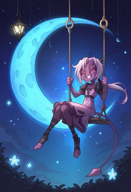score_9, score_8_up, score_7_up,namah_calah,
1girl,solo,furry,tail, source_furry,horns,
,<lora:namah_calah_illustrious:0.8>,
child, kid,
in a pastel gothic dress sitting on a crescent moon swing, surrounded by glowing stars and floating lanterns in a dreamy night sky, crescent_moon, swing, stars, lanterns, smile, happy, cute, long_hair, night_sky, fantasy, magical, pastel_colors, glowing