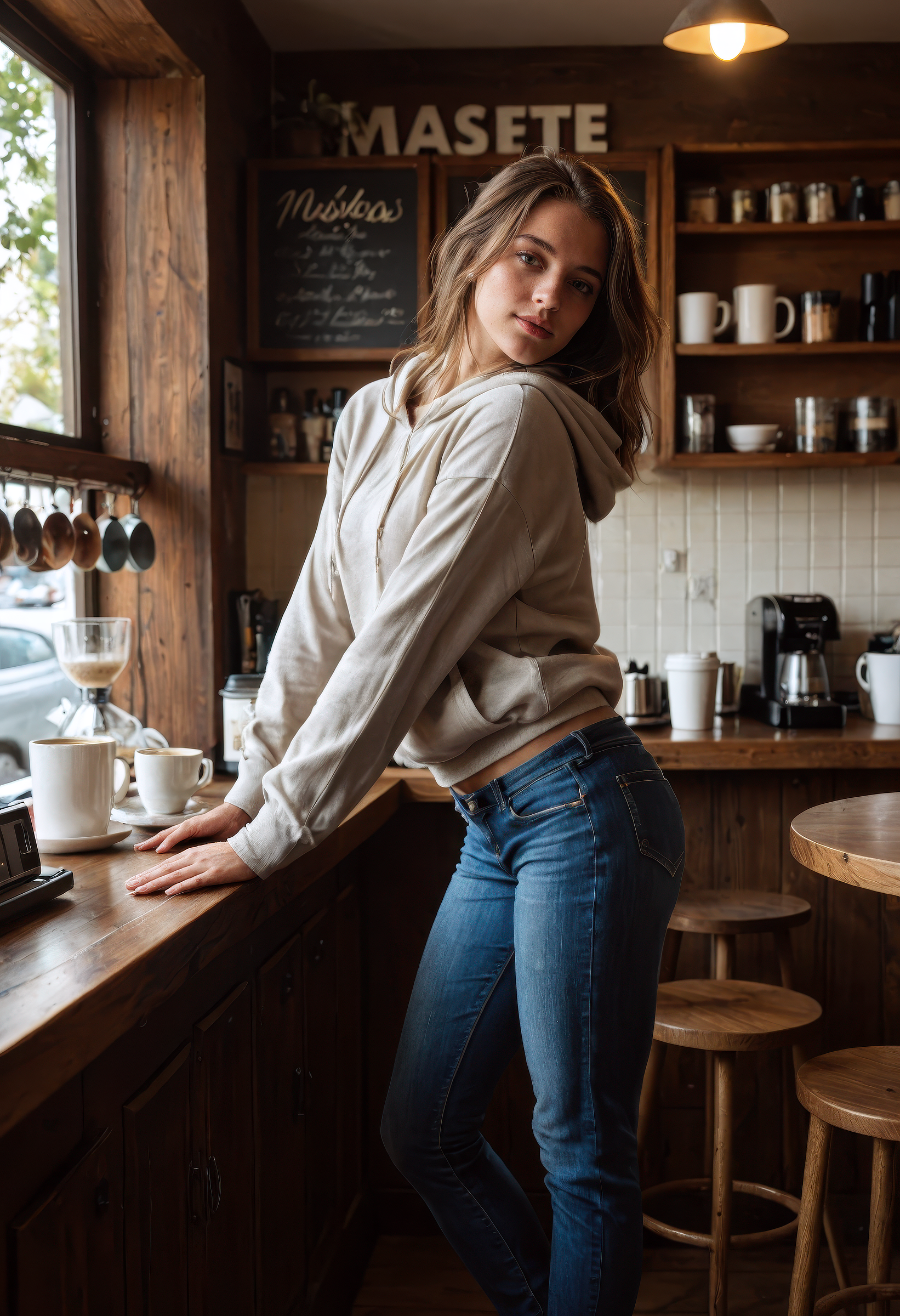 score_9, score_8_up, score_7_up, masterpiece, best quality, ultra-detailed, realistic, realism, lifelike, cinematic lighting, dynamic pose, absurdres, fashion photography, 1girl, jeans, hoodie, bending over, reaching, coffee shop, cozy interior, toned body, soft lighting, warm atmosphere, candid moment, rustic wooden shelves, coffee items, warm indoor lighting, medium wide shot