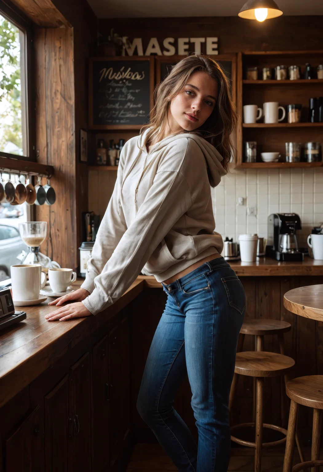 score_9, score_8_up, score_7_up, masterpiece, best quality, ultra-detailed, realistic, realism, lifelike, cinematic lighting, dynamic pose, absurdres, fashion photography, 1girl, jeans, hoodie, bending over, reaching, coffee shop, cozy interior, toned body, soft lighting, warm atmosphere, candid moment, rustic wooden shelves, coffee items, warm indoor lighting, medium wide shot