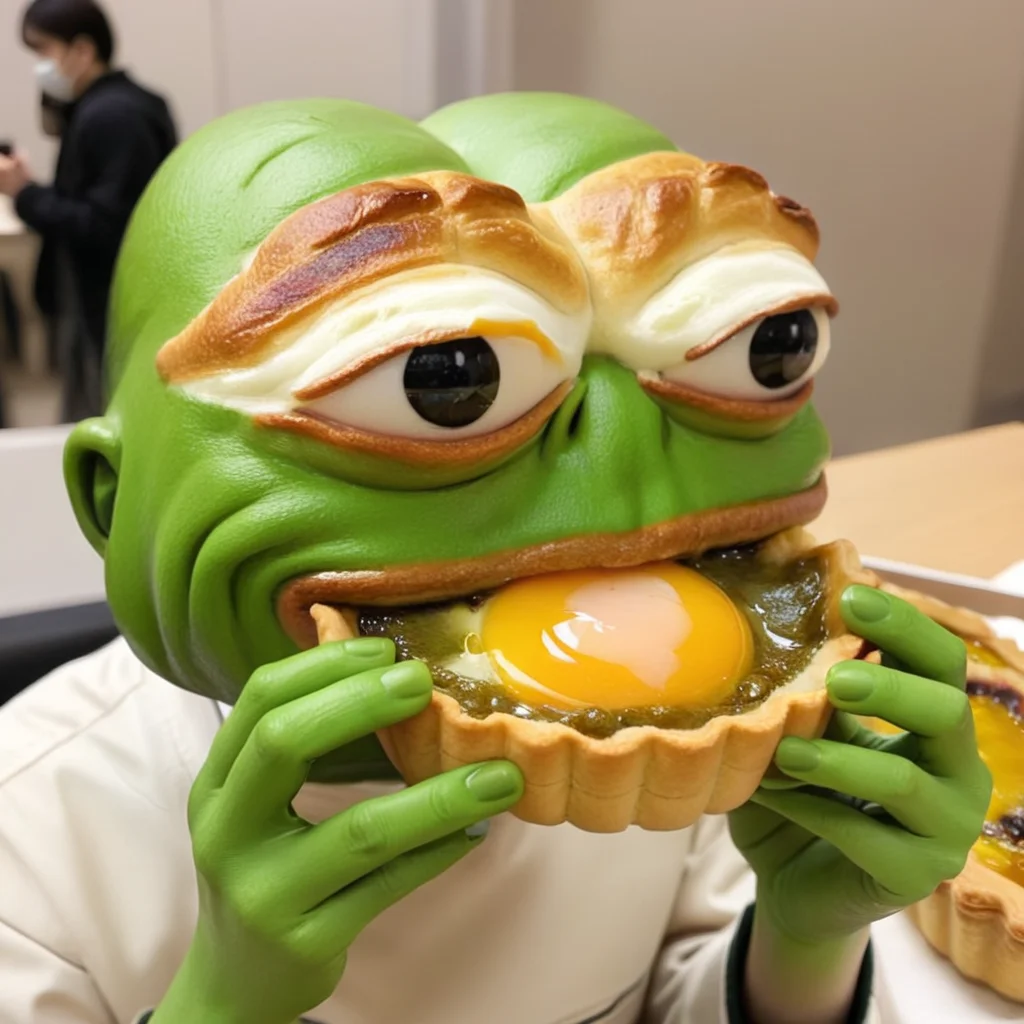 a pepe eating a Egg tart, <lora:eatpan:0.8> <lora:pepe_frog SDXL:0.8> pepe_frog