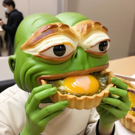 a pepe eating a Egg tart, <lora:eatpan:0.8> <lora:pepe_frog SDXL:0.8> pepe_frog
