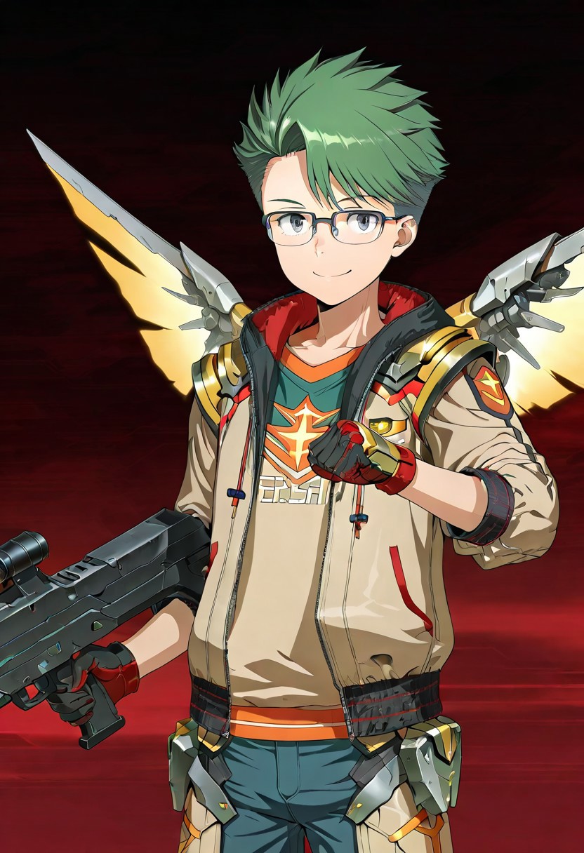 gb4_tao, green hair, short hair, grey eyes, 1boy, solo, male focus, young, teen, glasses, lean body, wear mecha armor with eagle mecha wings, white mecha armor theme, fly toward the viewer, fight pose, high quality,  armaments equipped in the armor,  score_9, futuristic city in the background, BREAK, his right hand is holding beam rifle, high quality, best quality, masterpiece, detailed draw,detailed eyes, detailed face