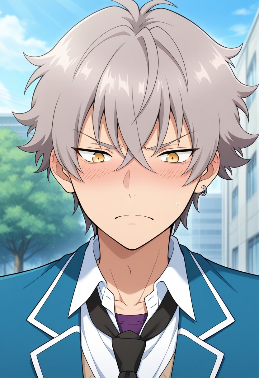 masterpiece,best quality,amazing quality, source_anime, 
kogaoogami, 1boy, male focus, solo, yellow eyes, grey hair, jewelry, earrings, school uniform, purple undershirt, shirt, white shirt, collared shirt, necktie, black necktie, jacket, blazer, blue jacket, portrait, frown, blush, embarassed,
outdoor,