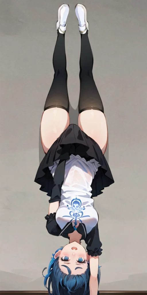 masterpiece, best quality, ultra-detailed, illustration, 1girl, lycoris challenge \(meme\), one arm handstand, upside-down,  <lora:ChisatoHandstand:0.6>, white tshirt, black skirt, blue hair, pantyhose, medium breats