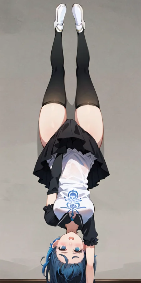 masterpiece, best quality, ultra-detailed, illustration, 1girl, lycoris challenge \(meme\), one arm handstand, upside-down, <lora:ChisatoHandstand:0.6>, white tshirt, black skirt, blue hair, pantyhose, medium breats