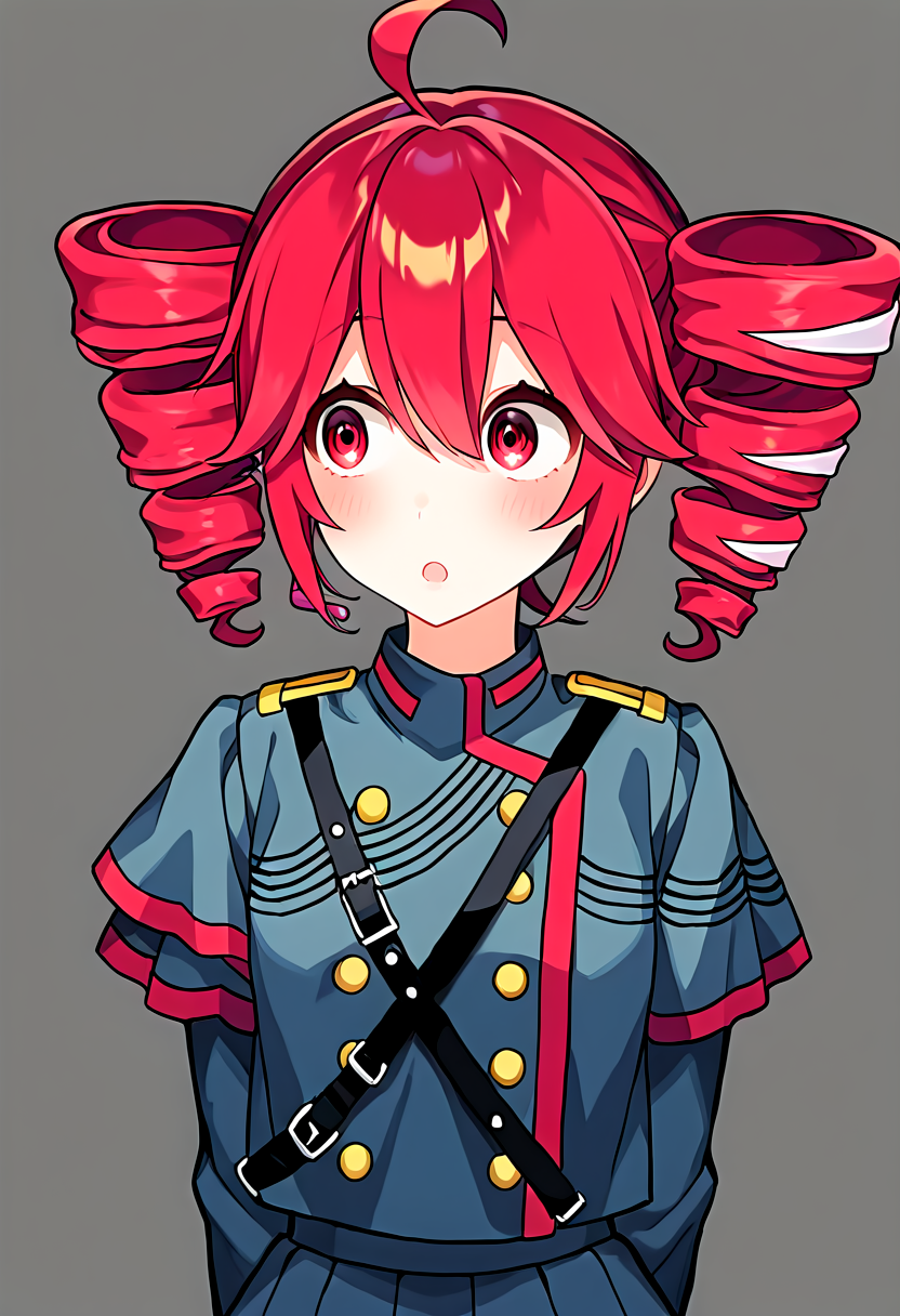 masterpiece, best quality, absurdres, rejection_reaction, 1girl, solo, open mouth, looking to the side, kasane teto, upper body, simple background, frilled shirt, grey jacket, grey skirt, shoulder belt, red hair, short hair, drill hair, striped clothes, double-breasted, <lora:rejection_reaction_meme-10-Noob:1>