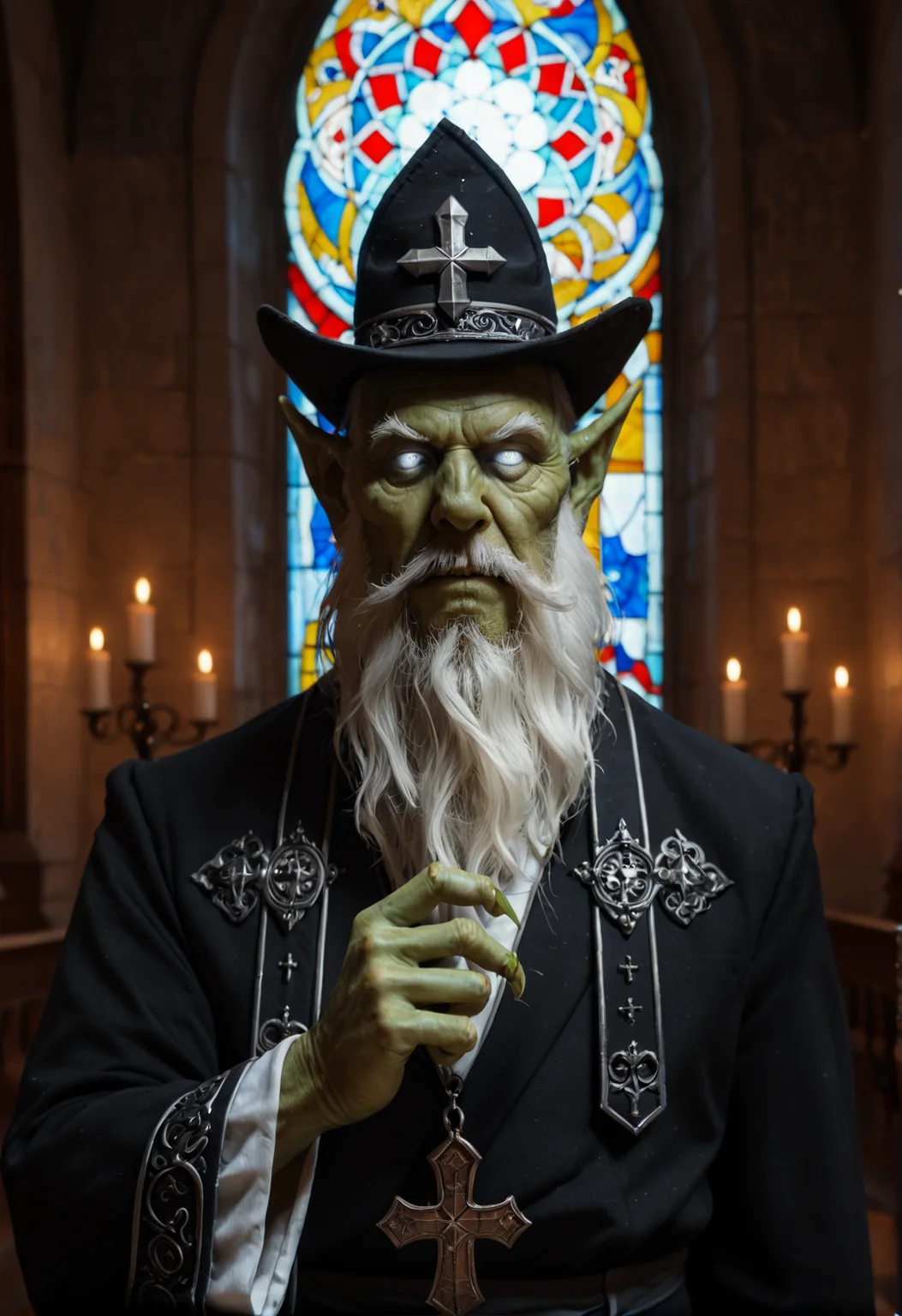 <lora:necrophos_v1:0.8>necrophos_v1, 1boy, game,
glowing,
pointy ears,
colored skin, green skin,
facial hair, long white beard,
glowing eyes, white eyes, no pupils, blank eyes,
hat,
old, old man,
sharp fingernails,, score_9, score_8_up, score_7_up, score_6_up, derpibooru_p_95,
detailed eyes, beautiful, detailed background, perfect eyes,
solo,
European architecture,Gothic architecture,European churches,intricate and ornate decorations,towering spires,pointed arches,large windows,large stained glass,cross arches,slender columns,magnificent appearance, in deep night; deep blue; very dark; bright moon; no clouds, priest outfit, __pose/church pose__
blur censor, blurry, blurry background, blurry foreground, bokeh, motion blur,
chromatic aberration, depth of field, figure, focused, focus
photography, realistic sun light and shadows, photorealism, UHD --ar 9:16 --style raw --stylize 700,