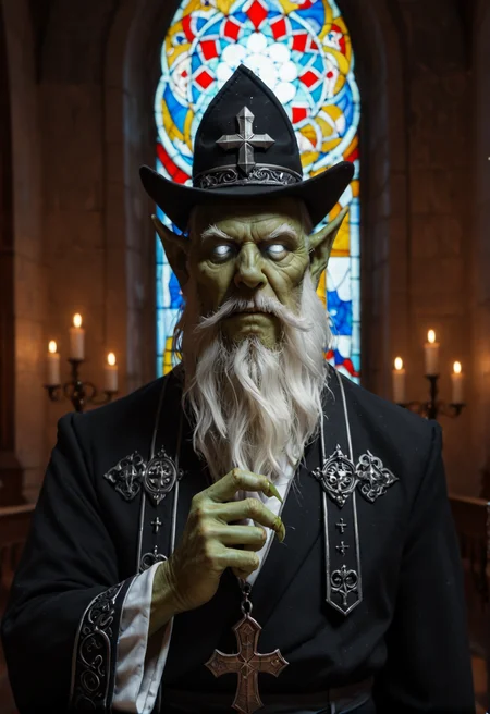 <lora:necrophos_v1:0.8>necrophos_v1, 1boy, game,
glowing,
pointy ears,
colored skin, green skin,
facial hair, long white beard,
glowing eyes, white eyes, no pupils, blank eyes,
hat,
old, old man,
sharp fingernails,, score_9, score_8_up, score_7_up, score_6_up, derpibooru_p_95,
detailed eyes, beautiful, detailed background, perfect eyes,
solo,
European architecture,Gothic architecture,European churches,intricate and ornate decorations,towering spires,pointed arches,large windows,large stained glass,cross arches,slender columns,magnificent appearance, in deep night; deep blue; very dark; bright moon; no clouds, priest outfit, __pose/church pose__
blur censor, blurry, blurry background, blurry foreground, bokeh, motion blur,
chromatic aberration, depth of field, figure, focused, focus
photography, realistic sun light and shadows, photorealism, UHD --ar 9:16 --style raw --stylize 700,